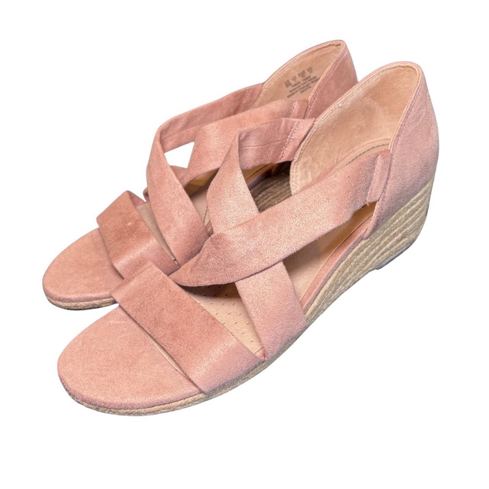 Life Stride Nude Suede Strappy Wedge Sandals Size 10 M